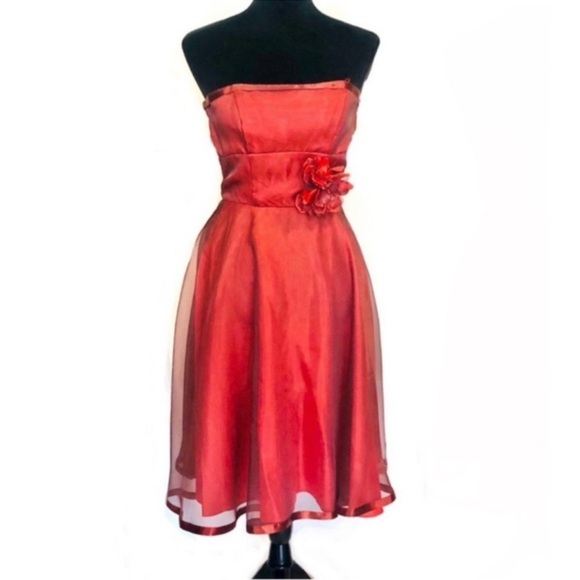 Elegant Strapless taffeta orange red sheer ribbon prom dress in misses s… - Picture 1 of 9